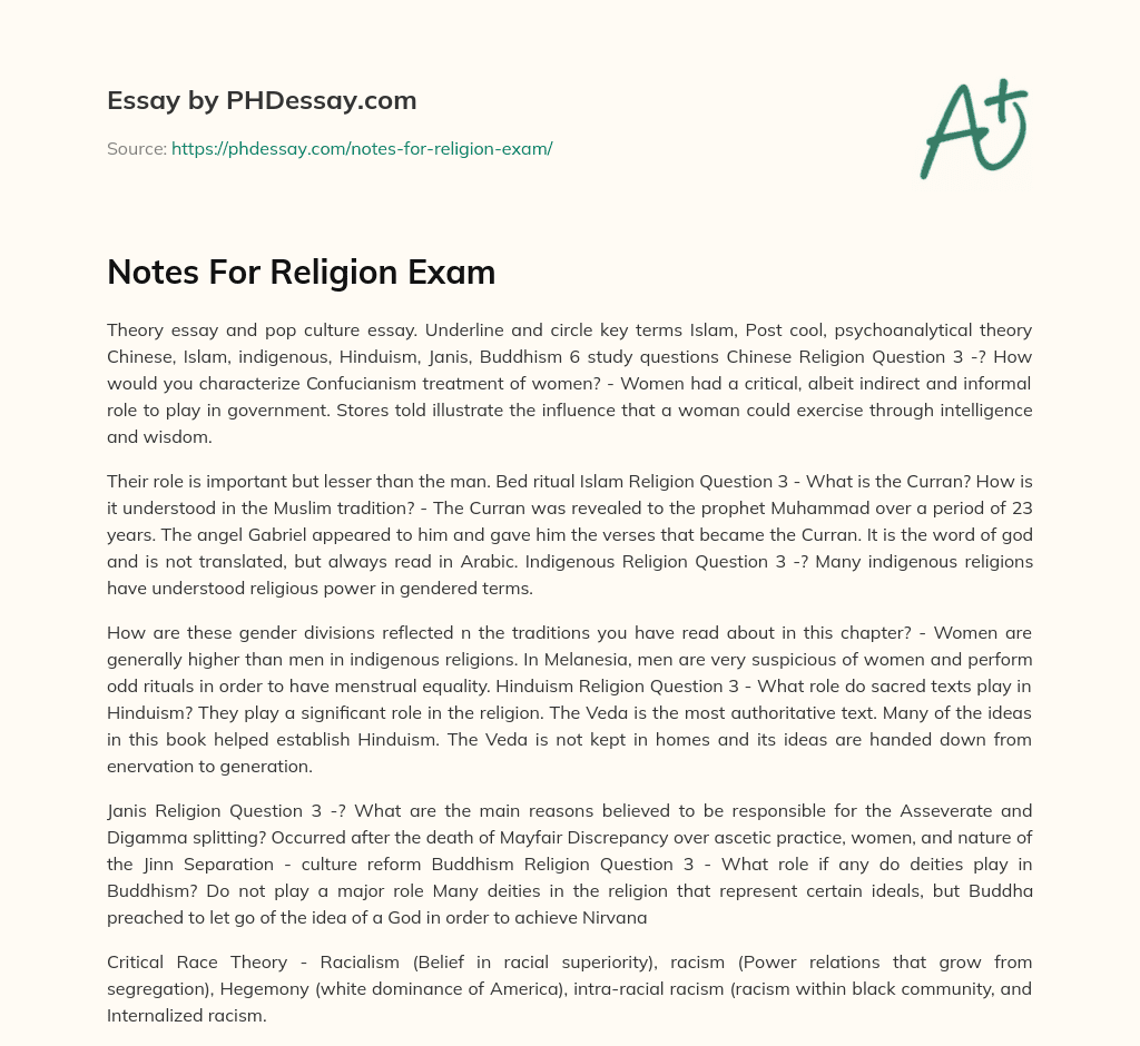 Notes For Religion Exam essay