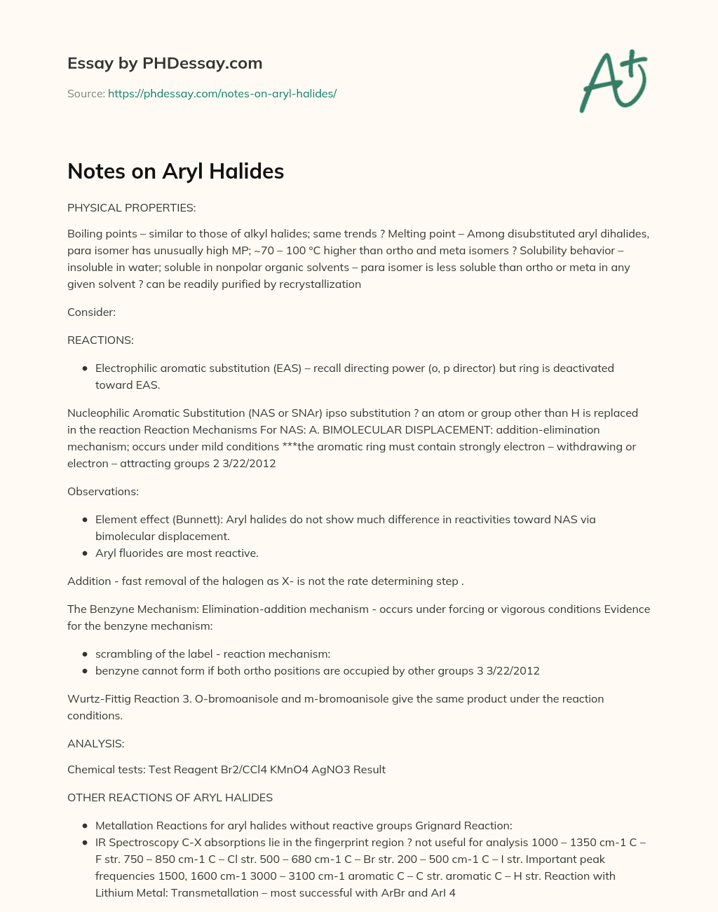Notes on Aryl Halides essay