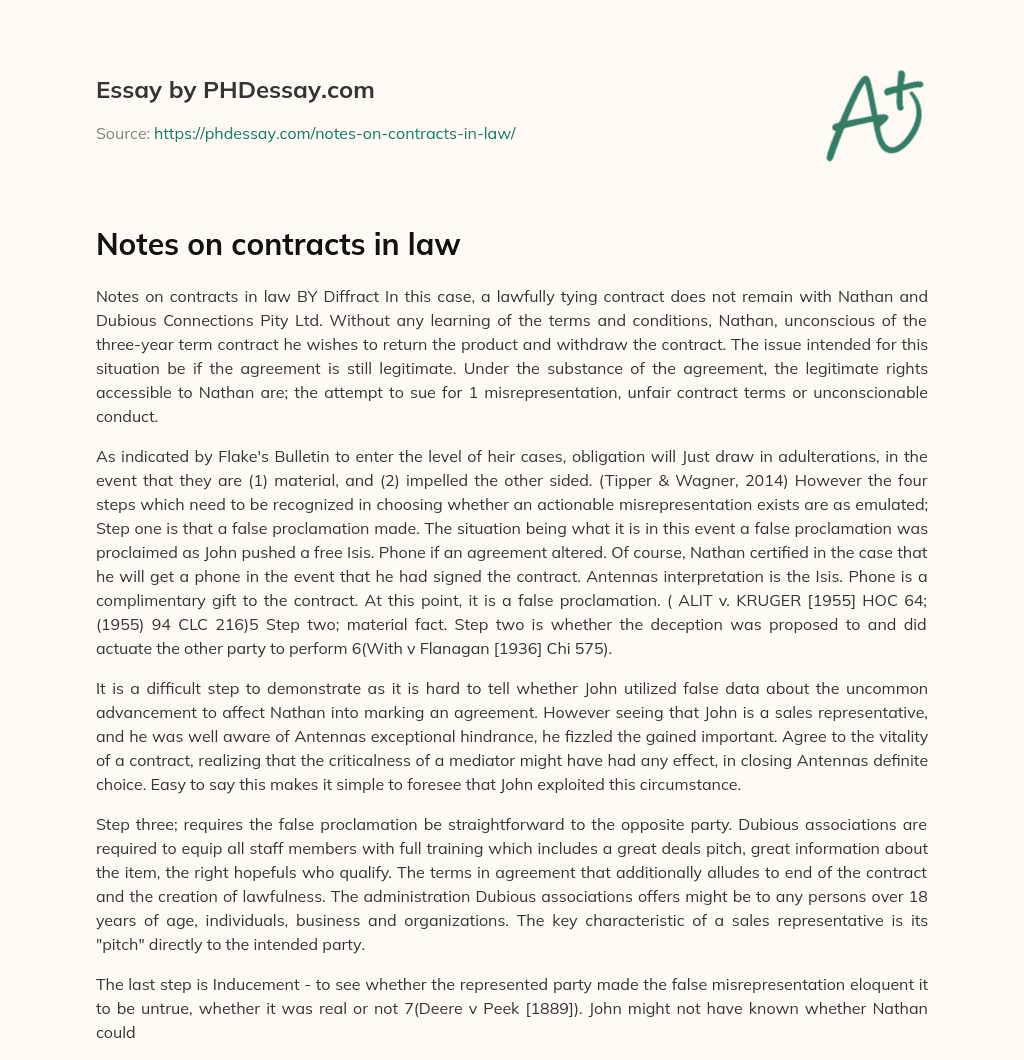 Notes on contracts in law essay