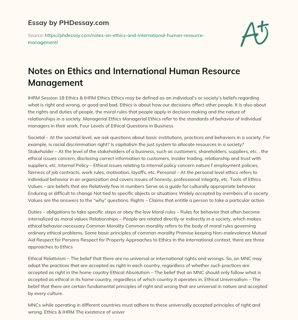 Notes on Ethics and International Human Resource Management essay
