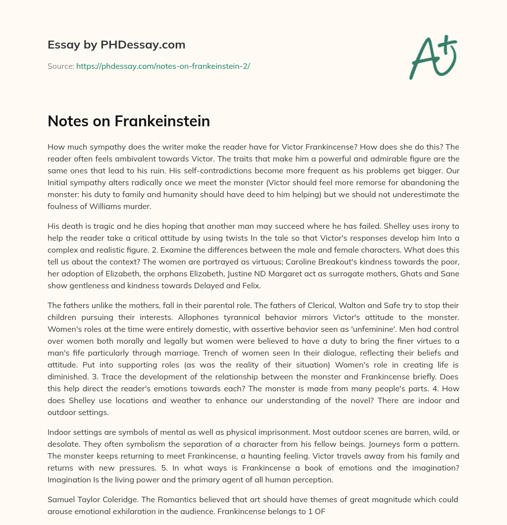 Notes on Frankeinstein essay