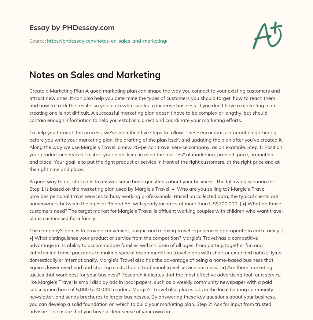 Notes on Sales and Marketing essay