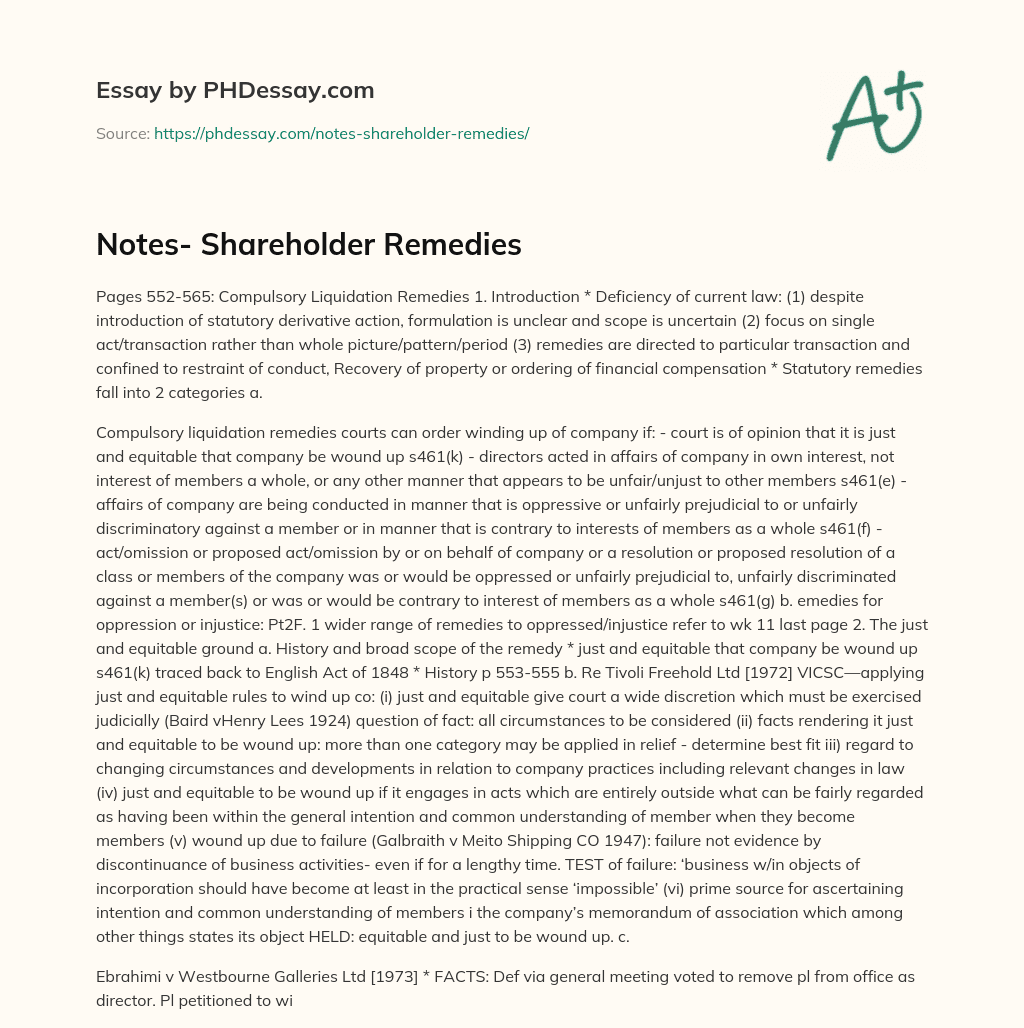 Notes- Shareholder Remedies essay