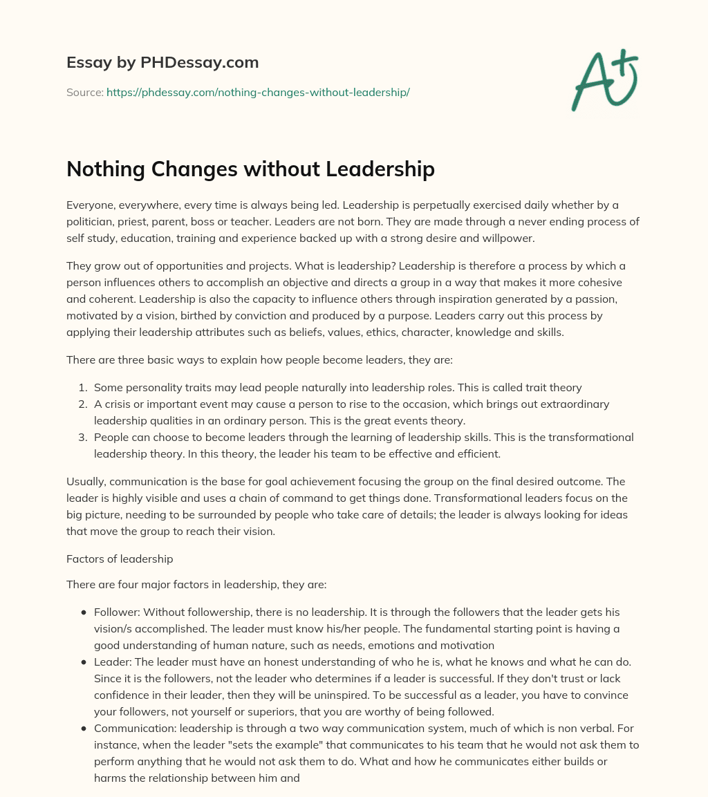 Nothing Changes without Leadership essay