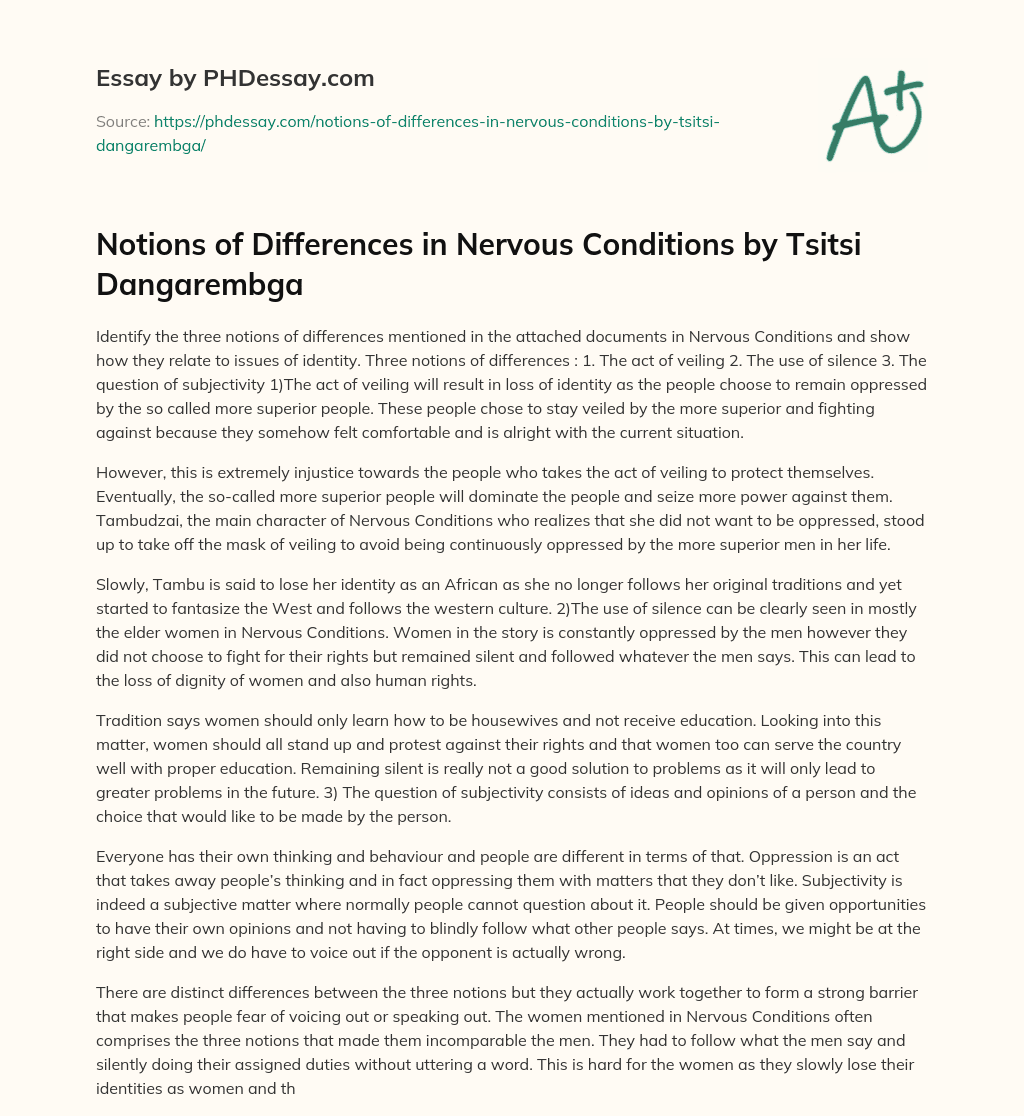 Notions of Differences in Nervous Conditions by Tsitsi Dangarembga essay