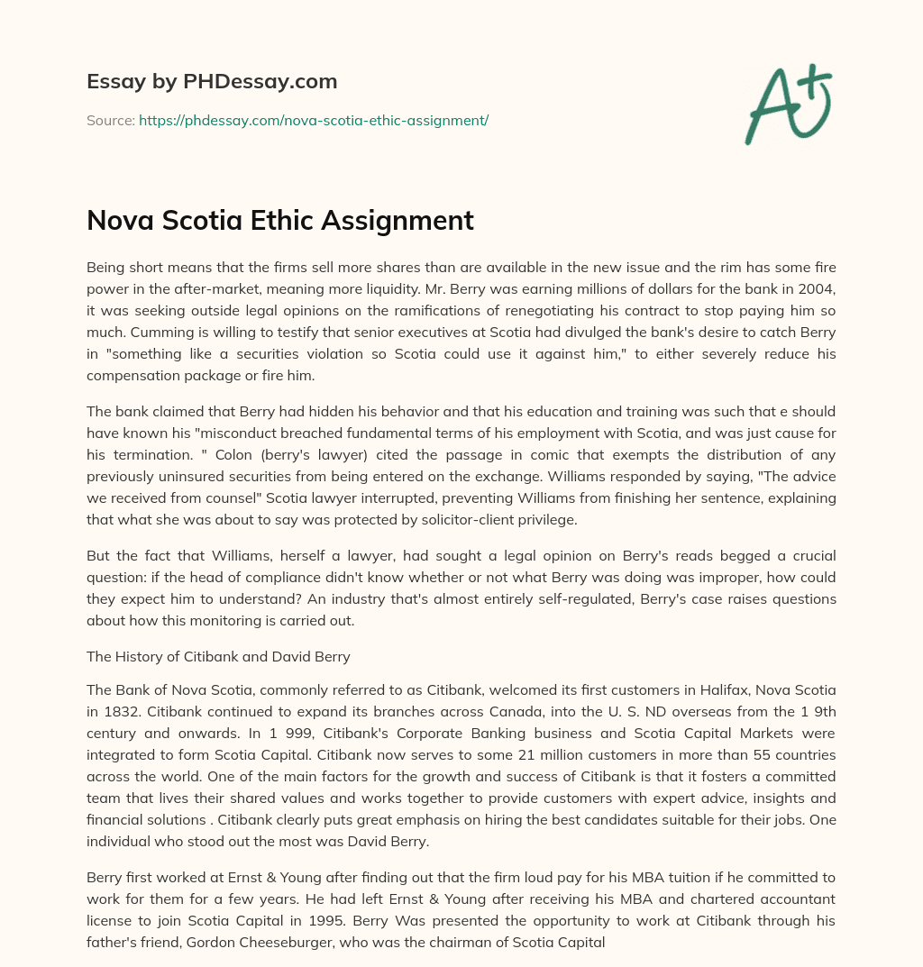 Nova Scotia Ethic Assignment essay