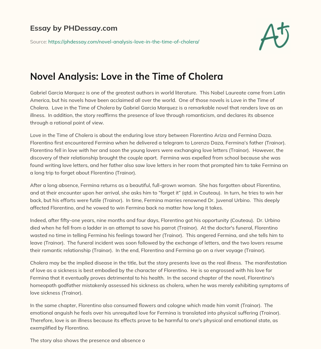 Novel Analysis: Love in the Time of Cholera essay