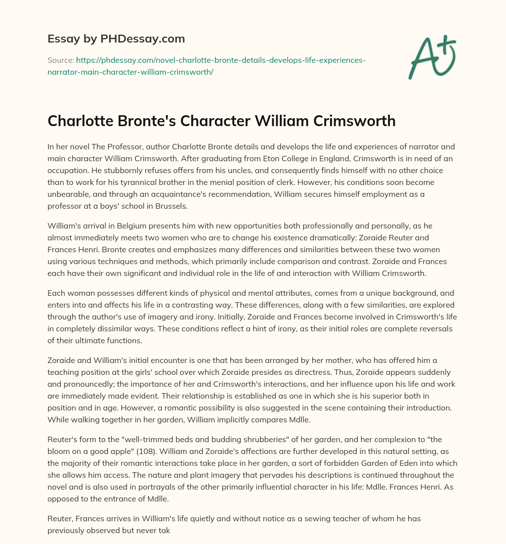 Charlotte Bronte’s Character William Crimsworth essay