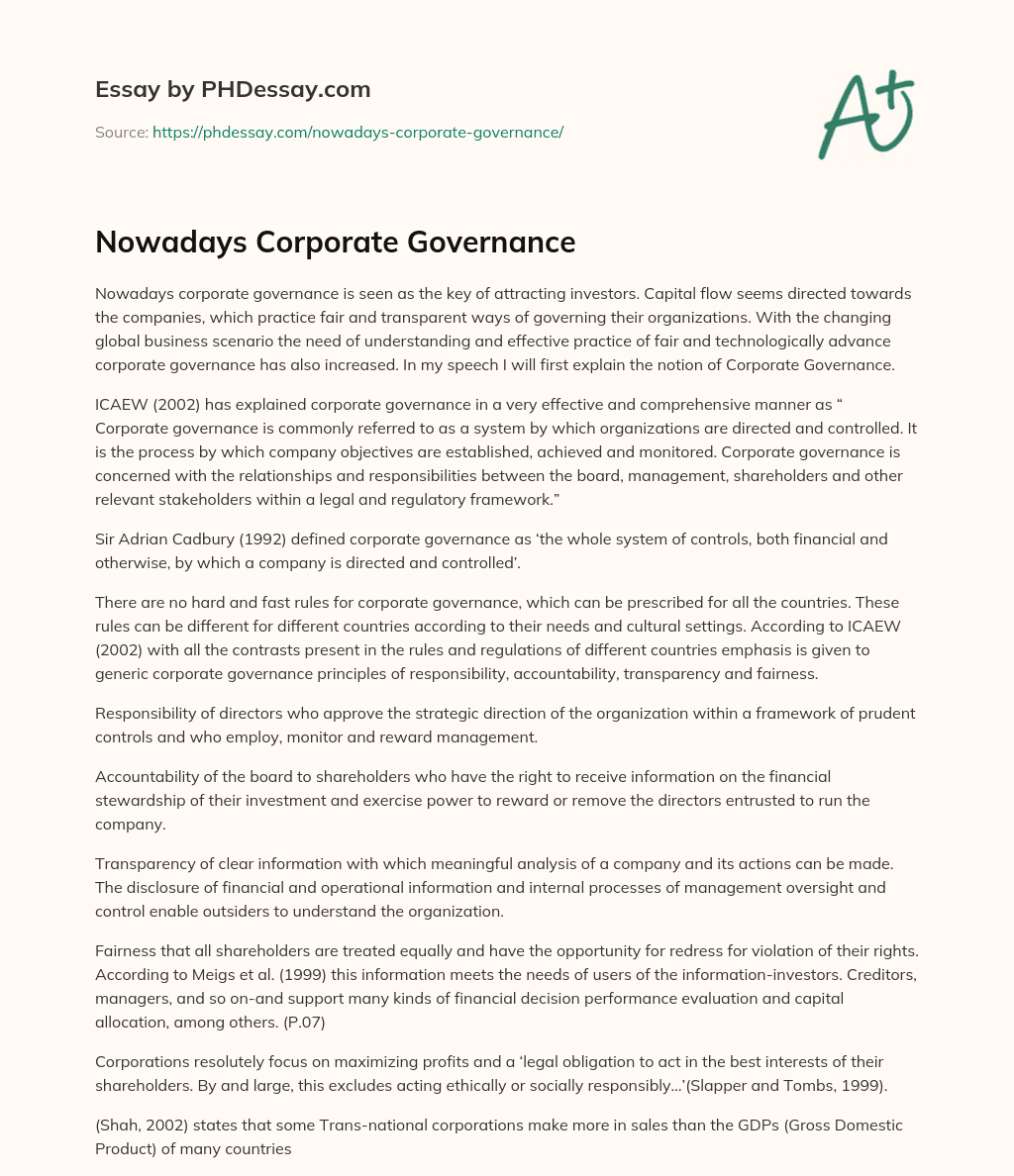 Nowadays Corporate Governance essay