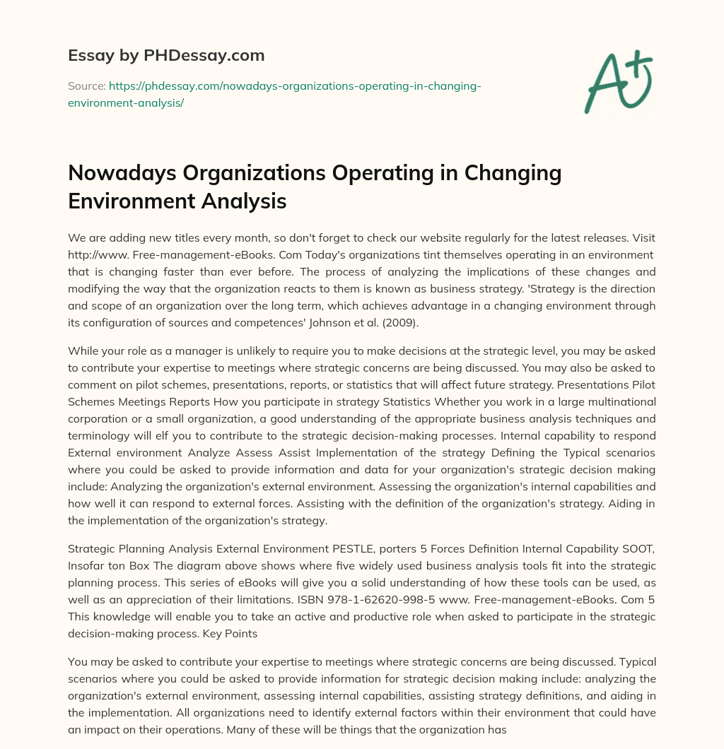 Nowadays Organizations Operating in Changing Environment Analysis essay