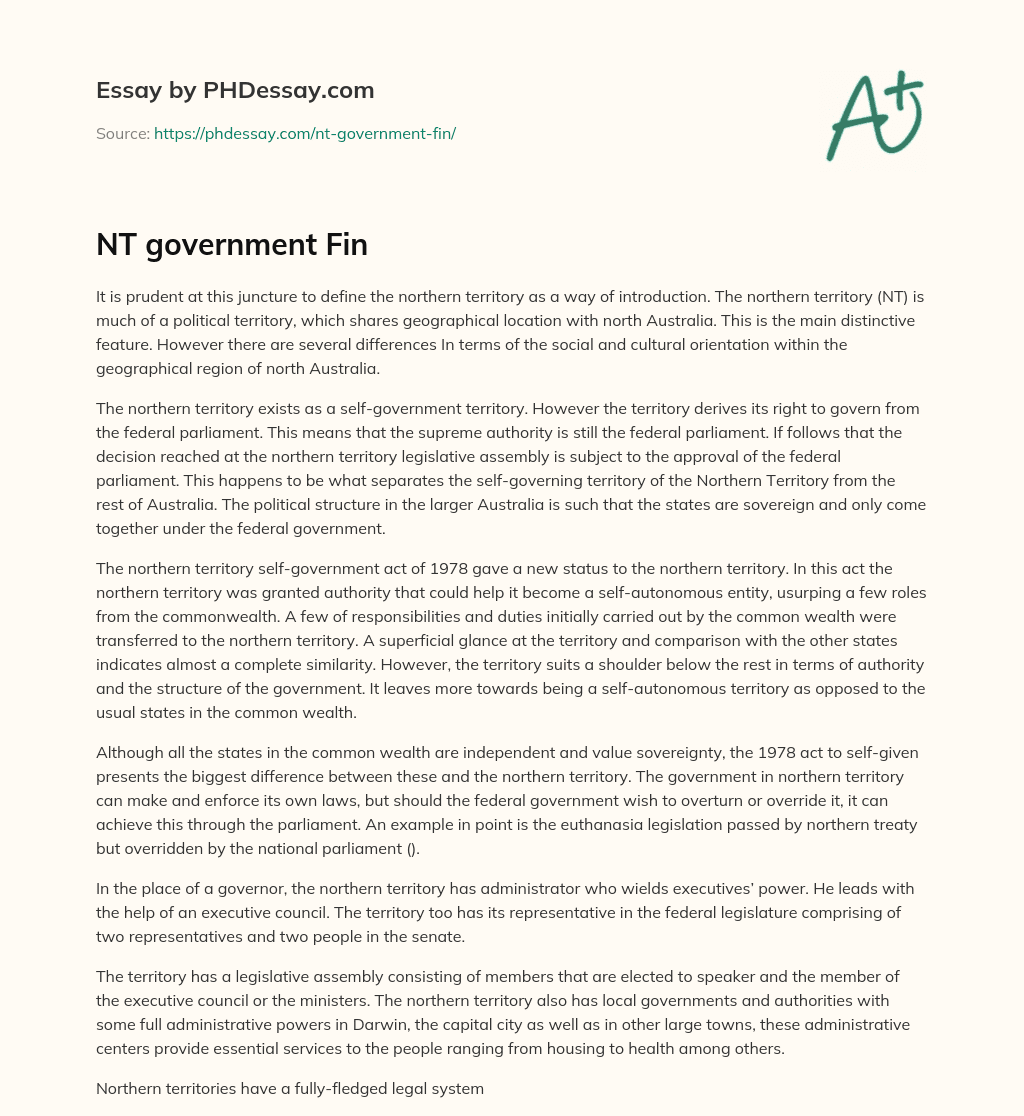 Defining the Northern Territory: A Self-Governing Territory Subject to Federal Approval essay