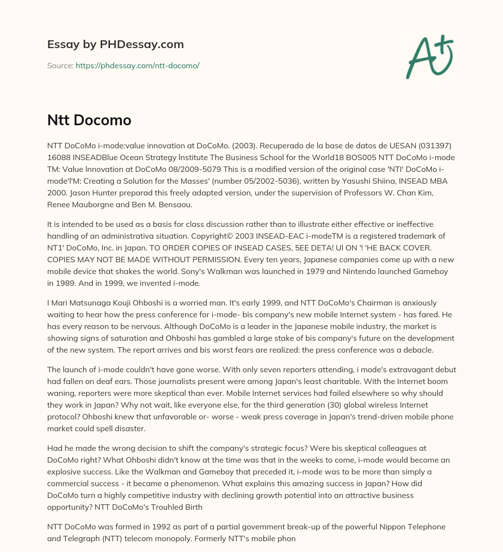 NTT DoCoMo’s i-mode: Value Innovation for Mobile Internet in Japan essay