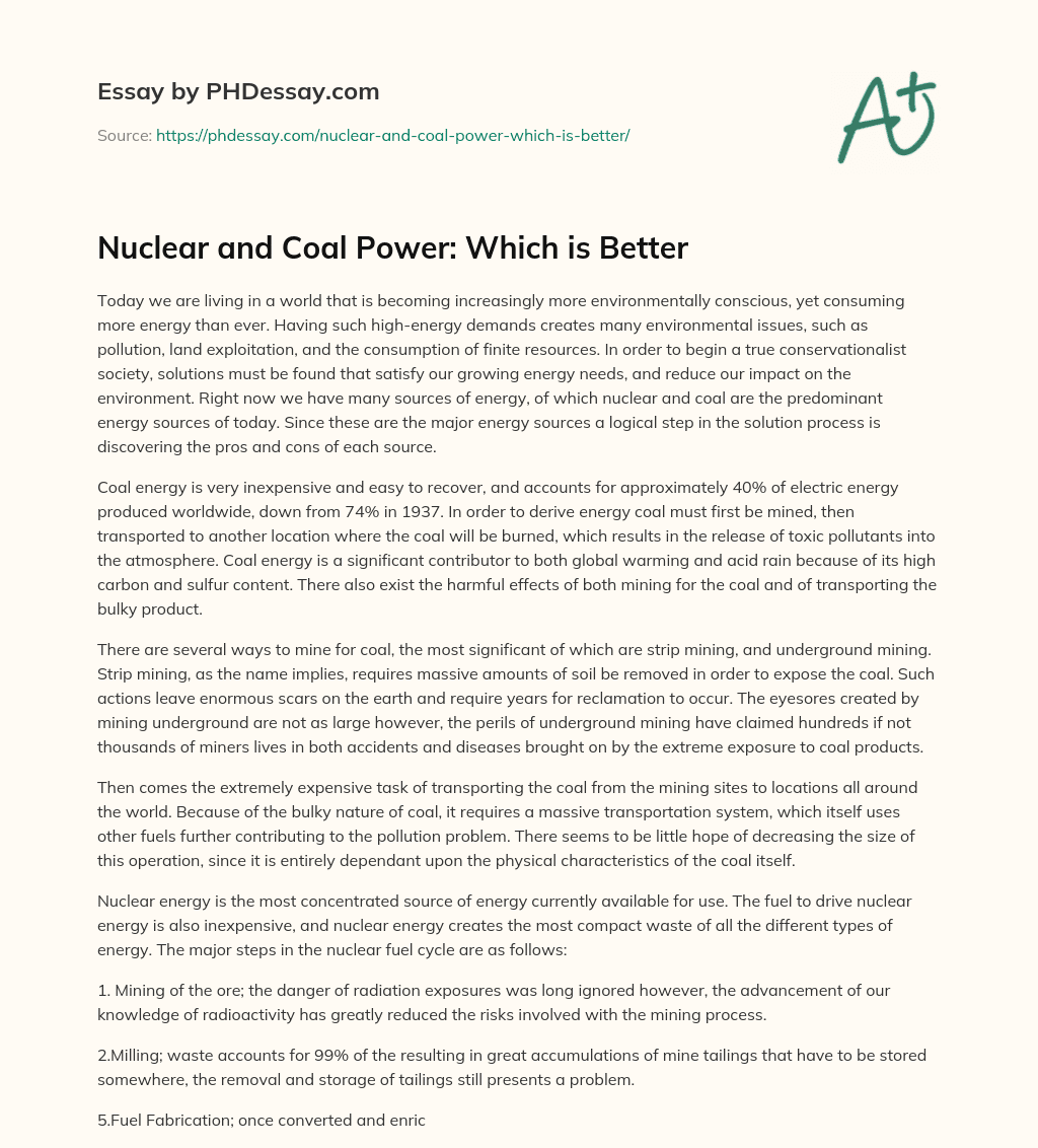 Nuclear and Coal Power: Which is Better essay