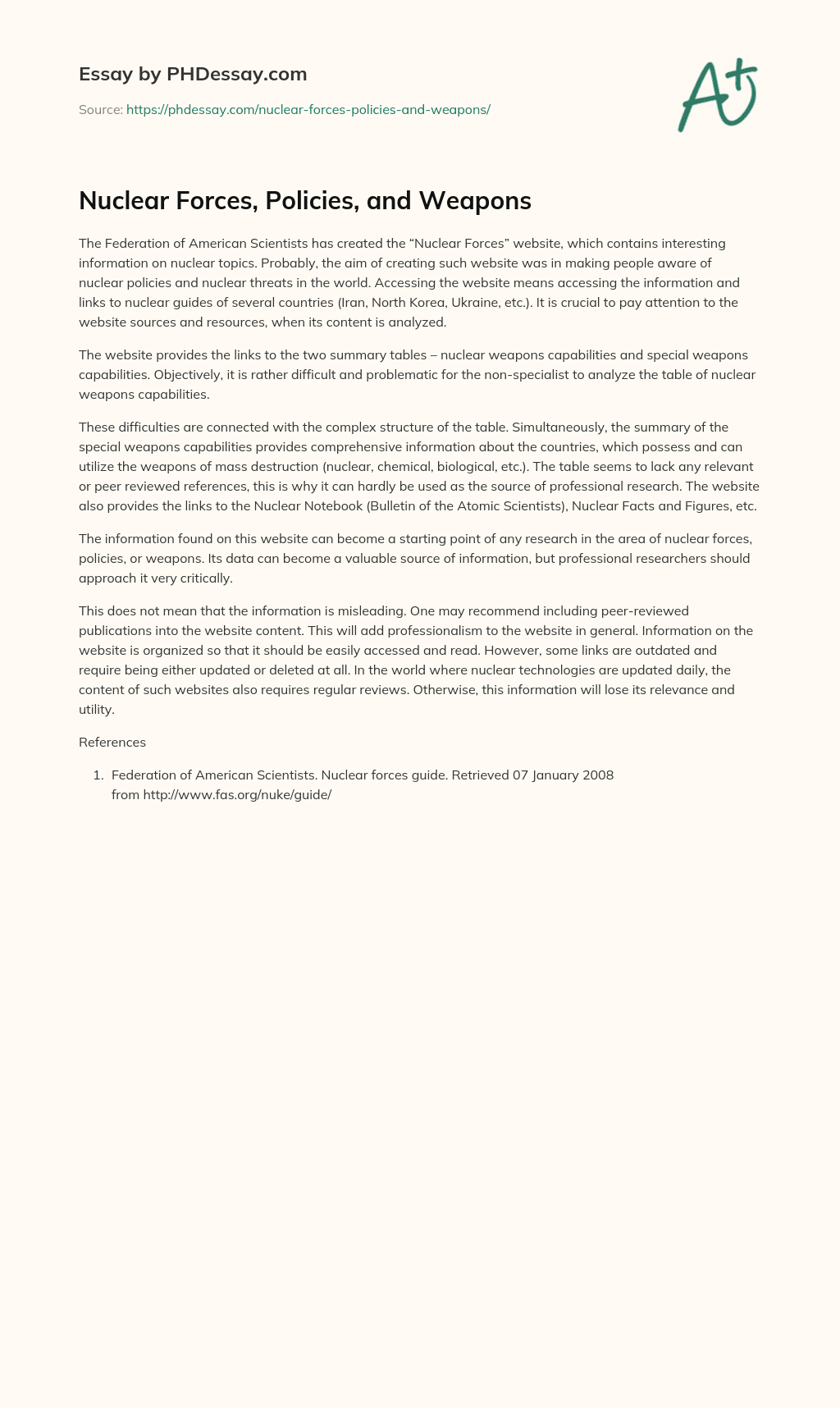 Nuclear Forces, Policies, and Weapons essay