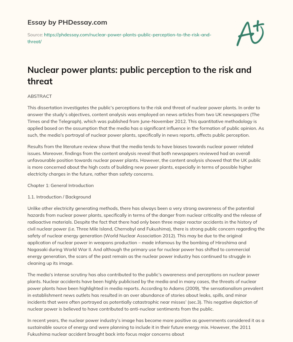 Nuclear power plants: public perception to the risk and threat essay