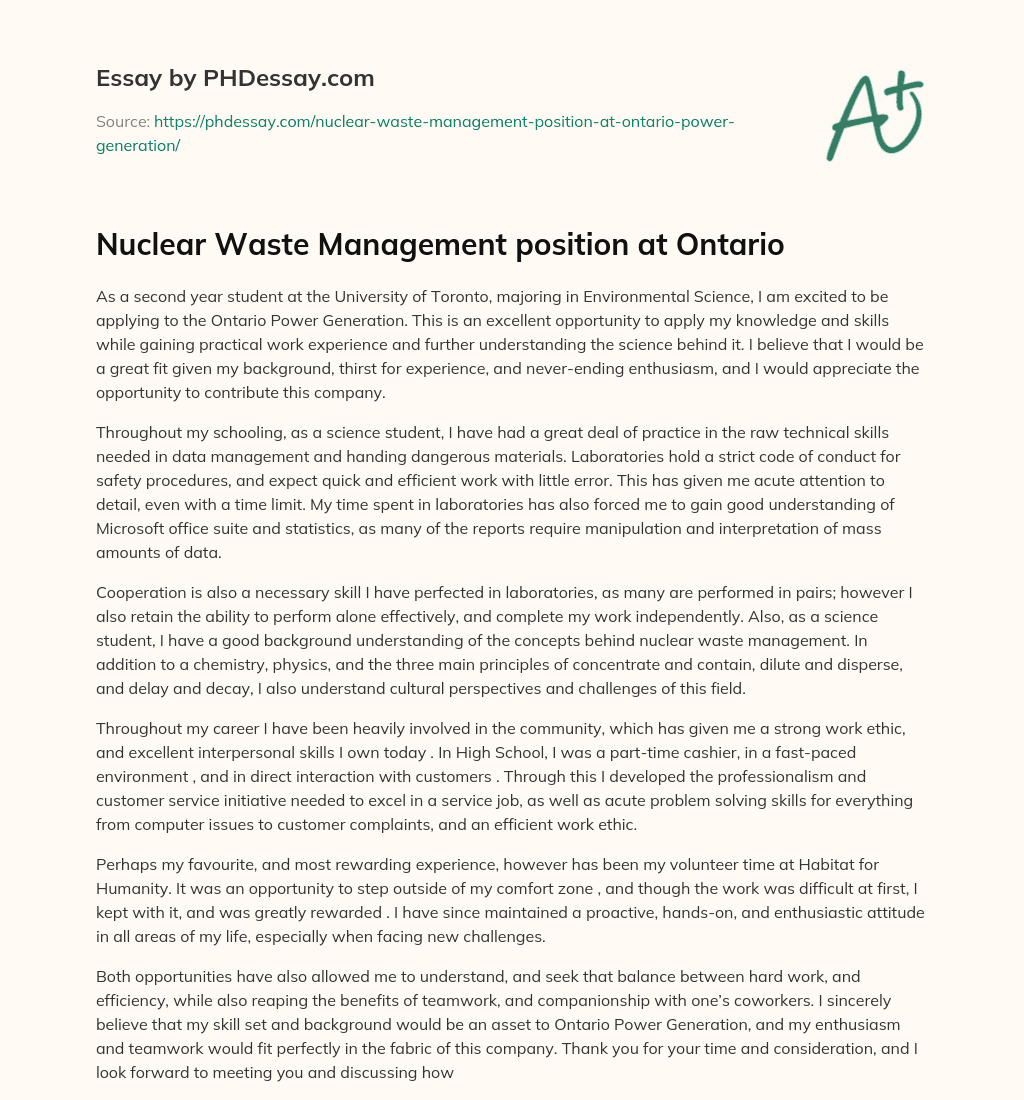 Nuclear Waste Management position at Ontario (500 Words)