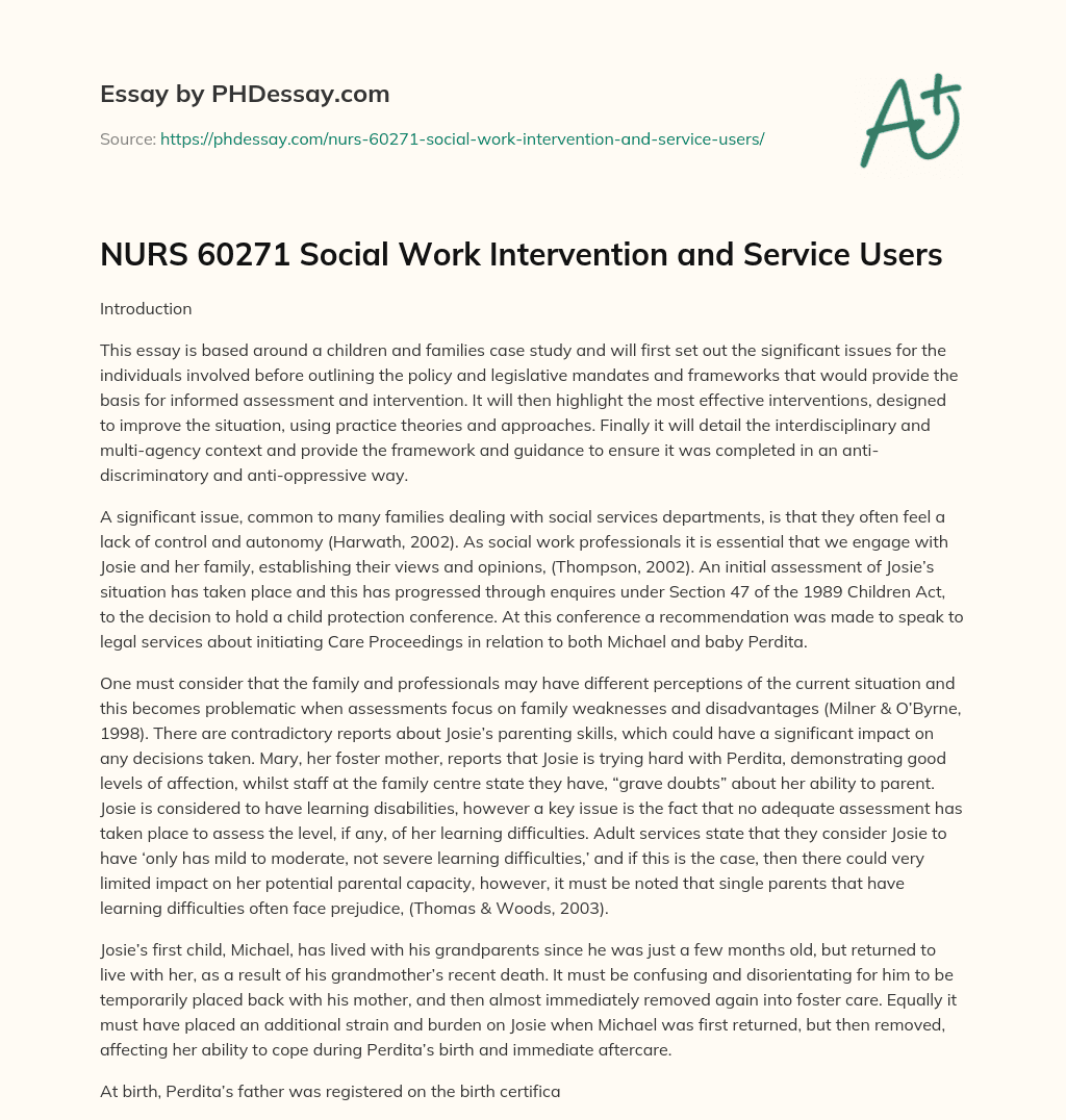 NURS 60271 Social Work Intervention and Service Users essay