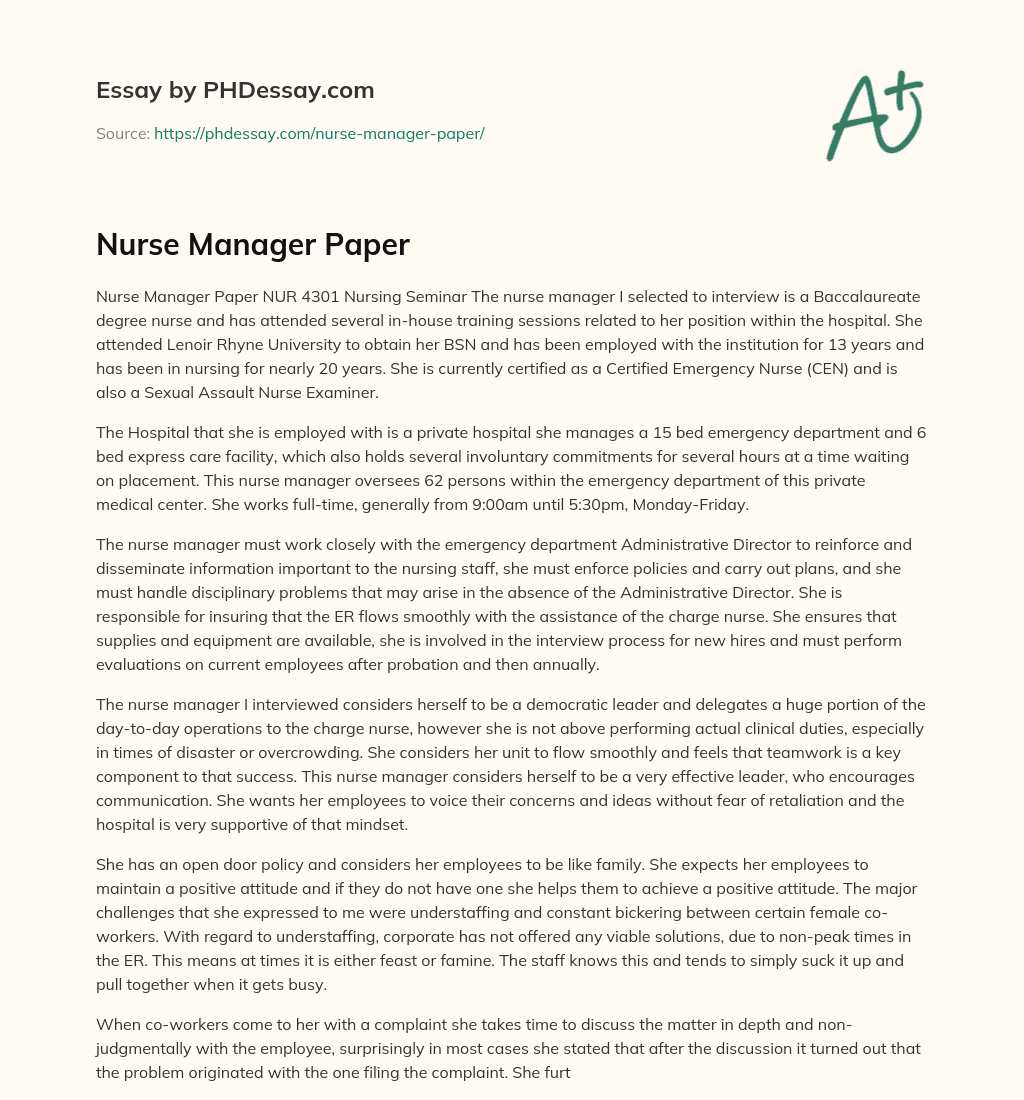 Nurse Manager Paper essay