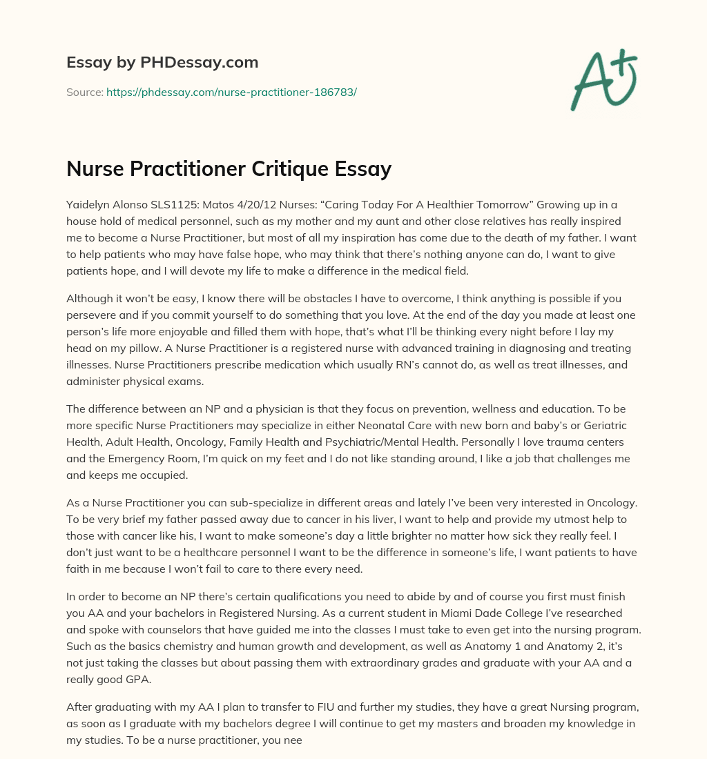 Nurse Practitioner Critique Essay essay
