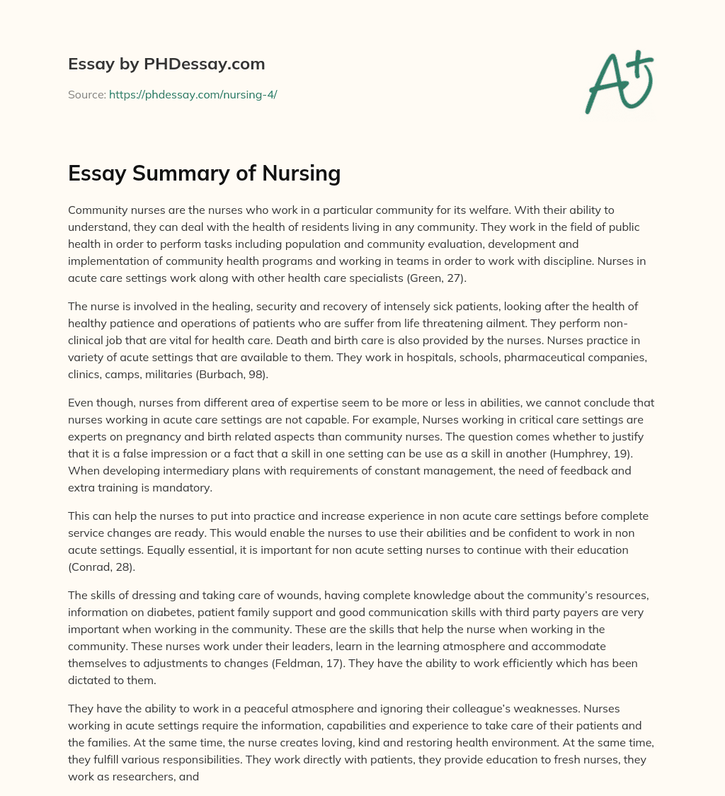 Essay Summary of Nursing essay