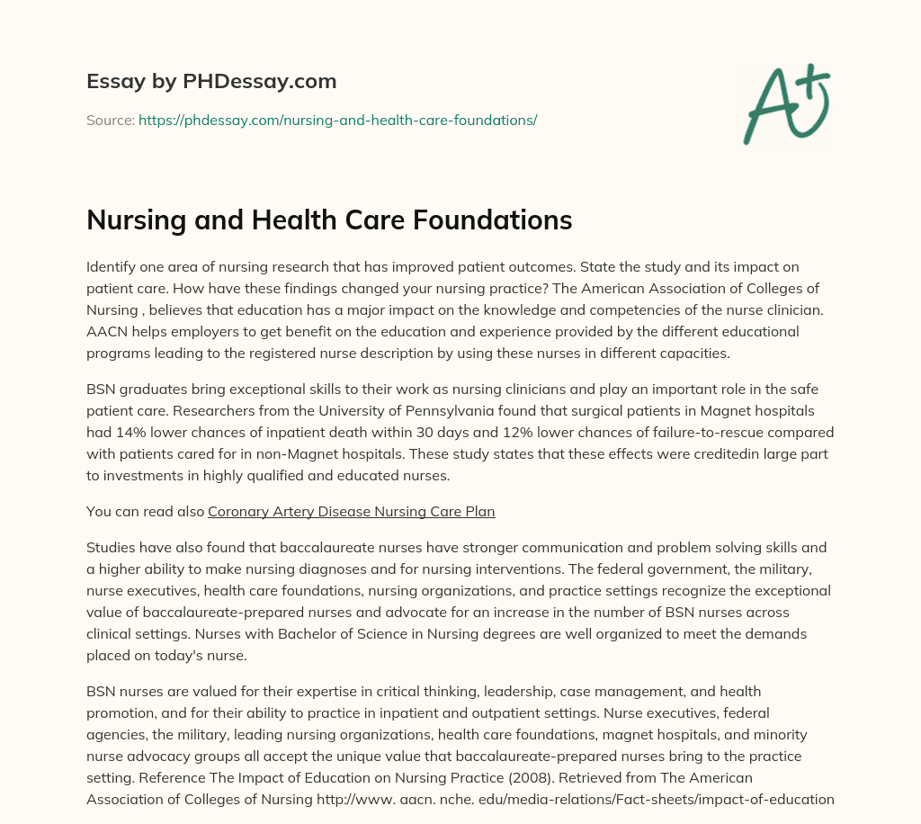 Nursing and Health Care Foundations (300 Words) - PHDessay.com