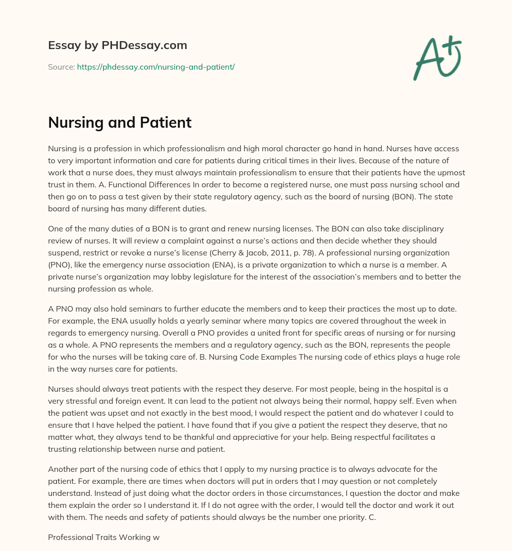 Nursing and Patient essay