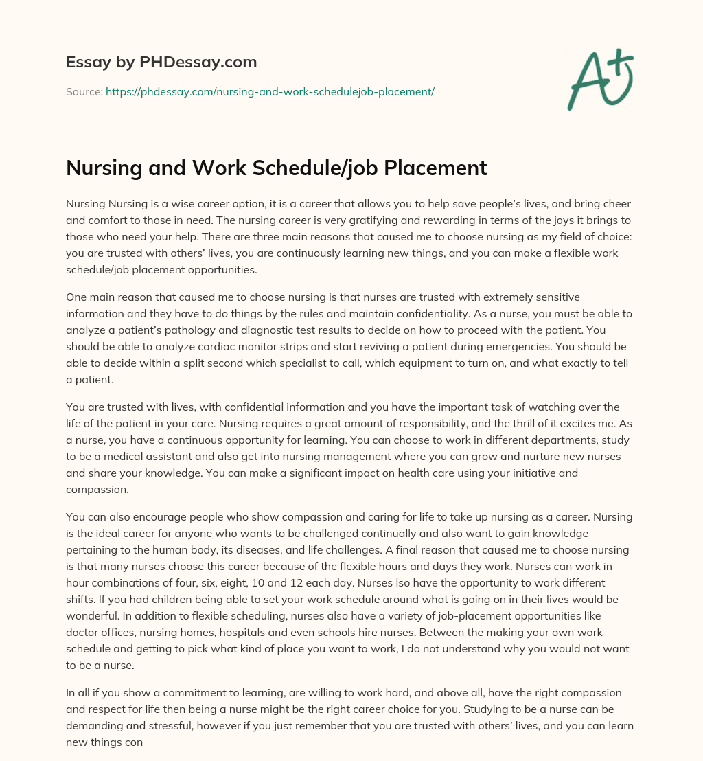 Nursing and Work Schedule/job Placement essay