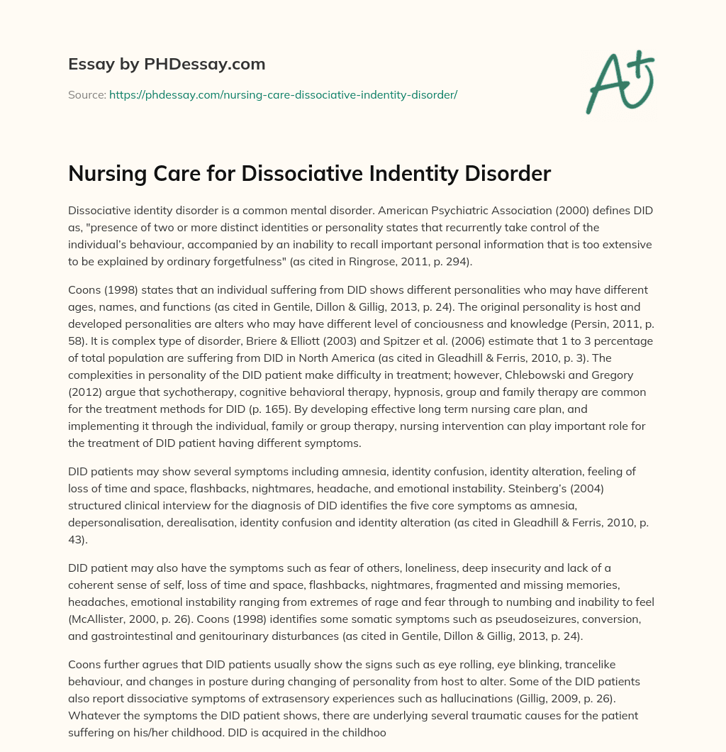 Nursing Care for Dissociative Indentity Disorder essay
