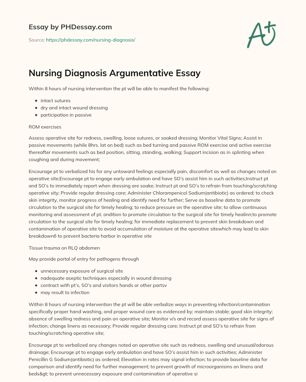 Nursing Diagnosis Argumentative Essay essay