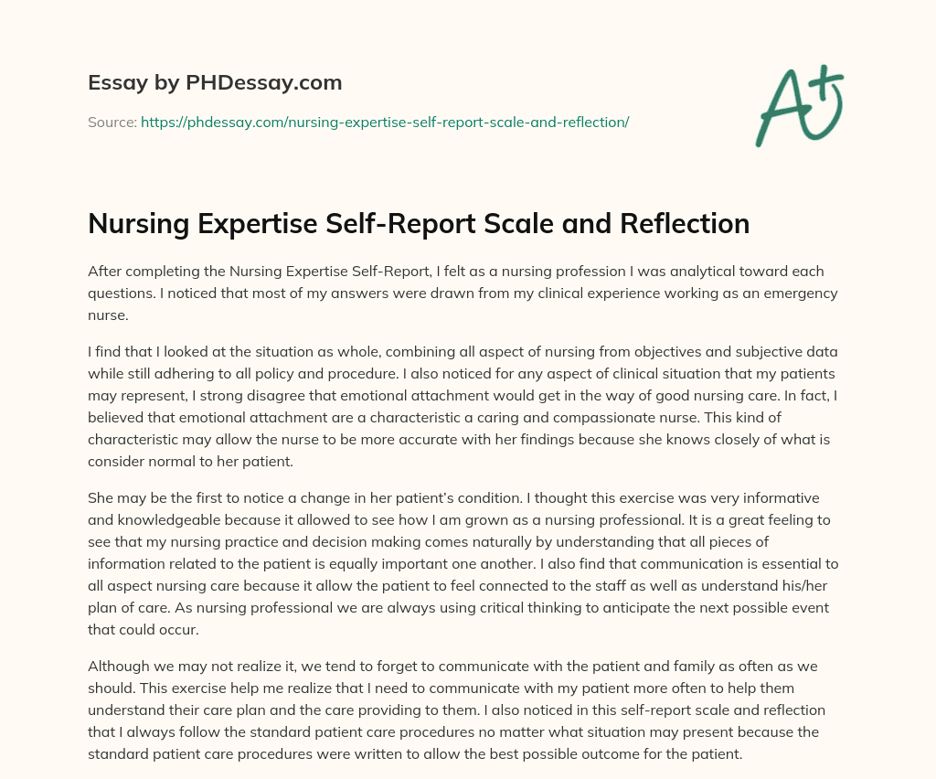 Nursing Expertise Self-Report Scale and Reflection essay