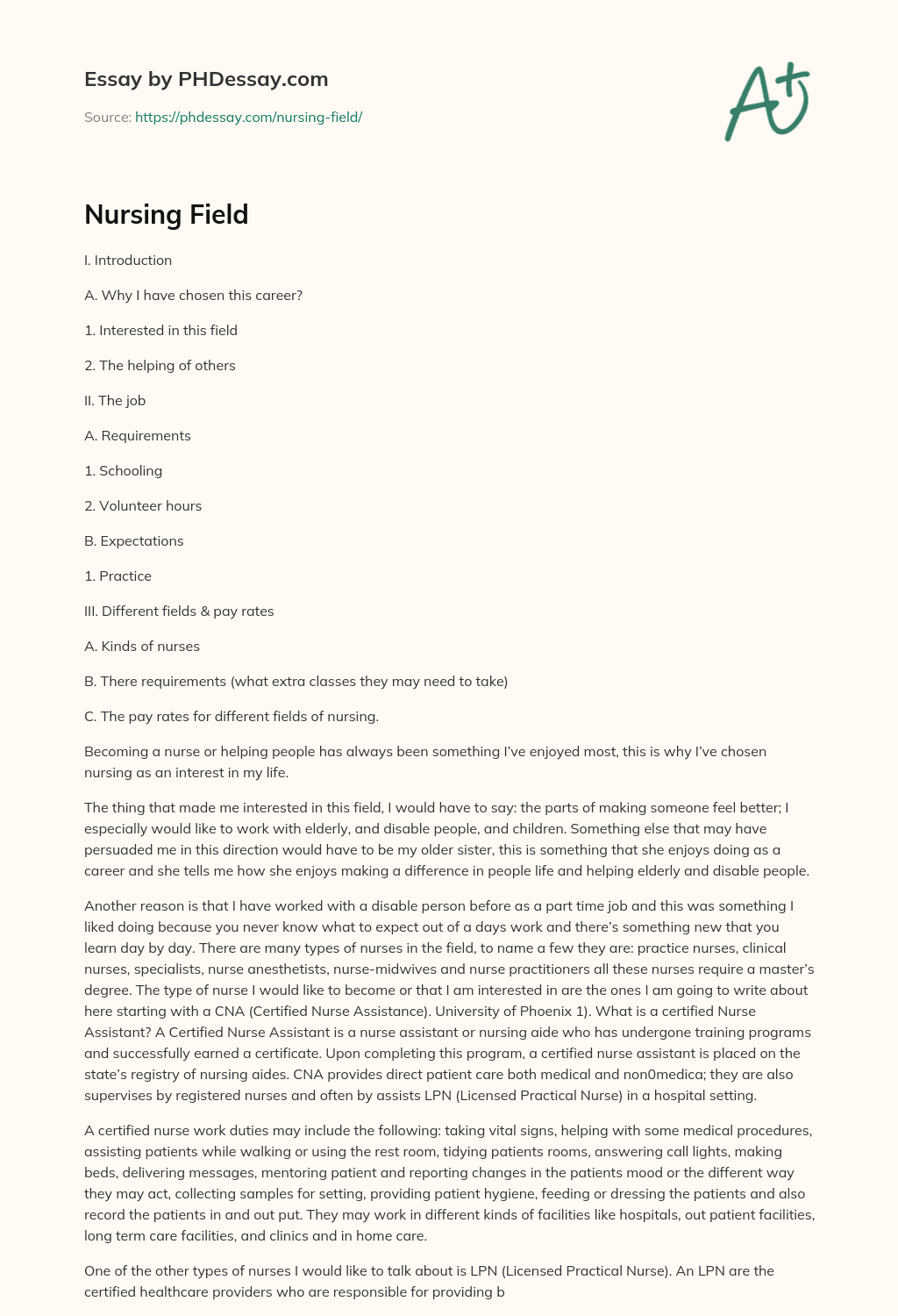 Nursing Field essay