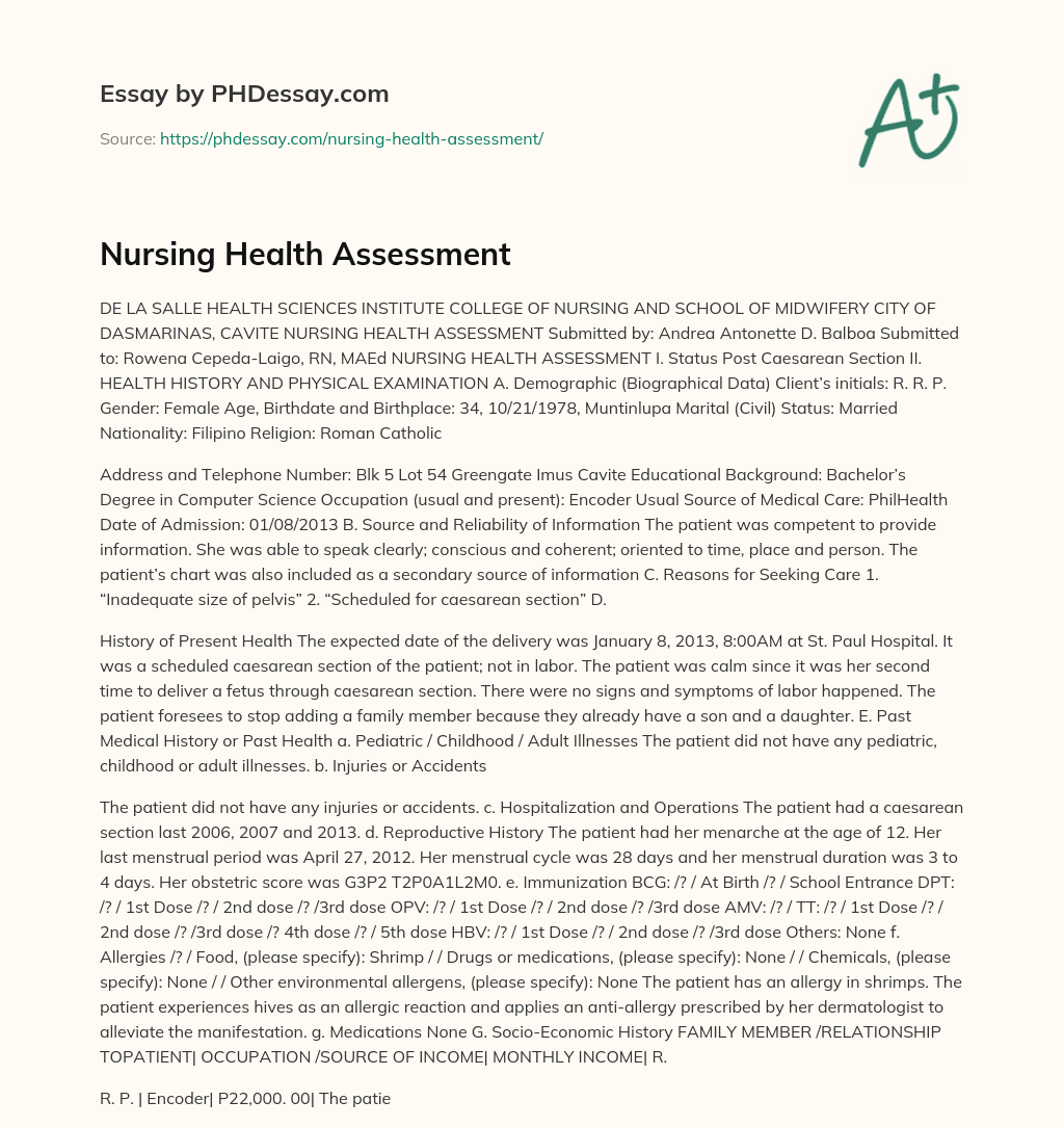Nursing Health Assessment essay