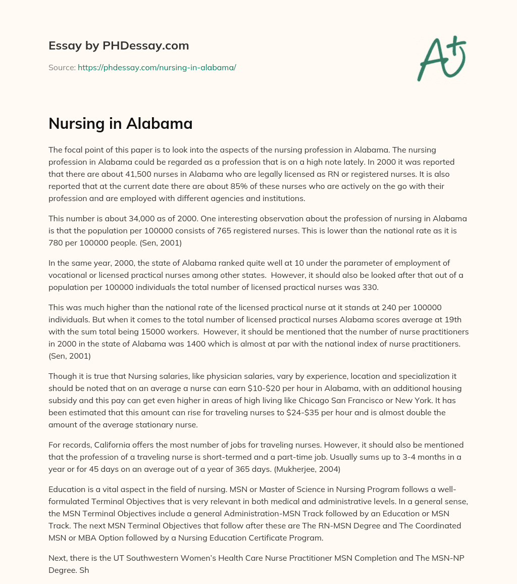 Nursing in Alabama essay