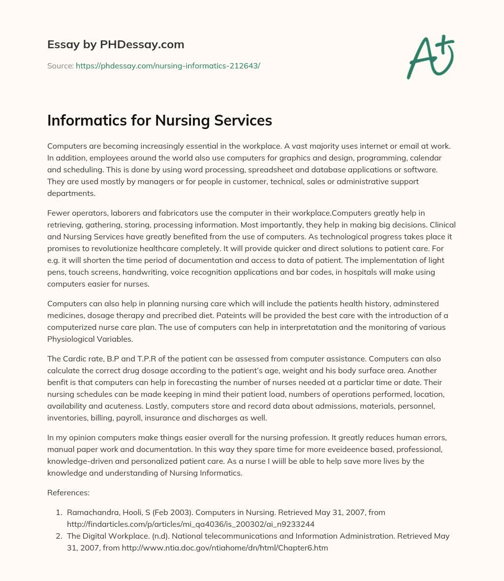 Informatics for Nursing Services essay