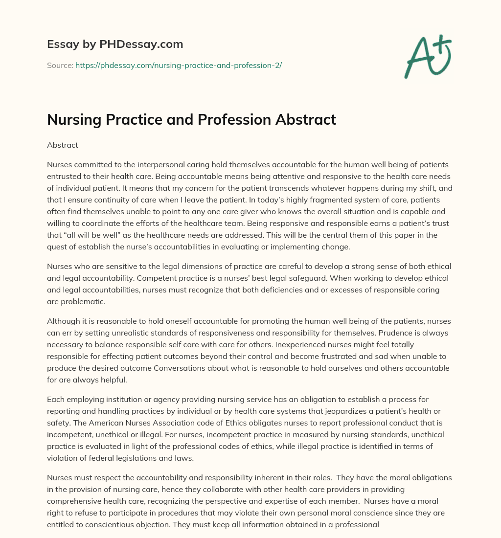 Nursing Practice and Profession Abstract essay