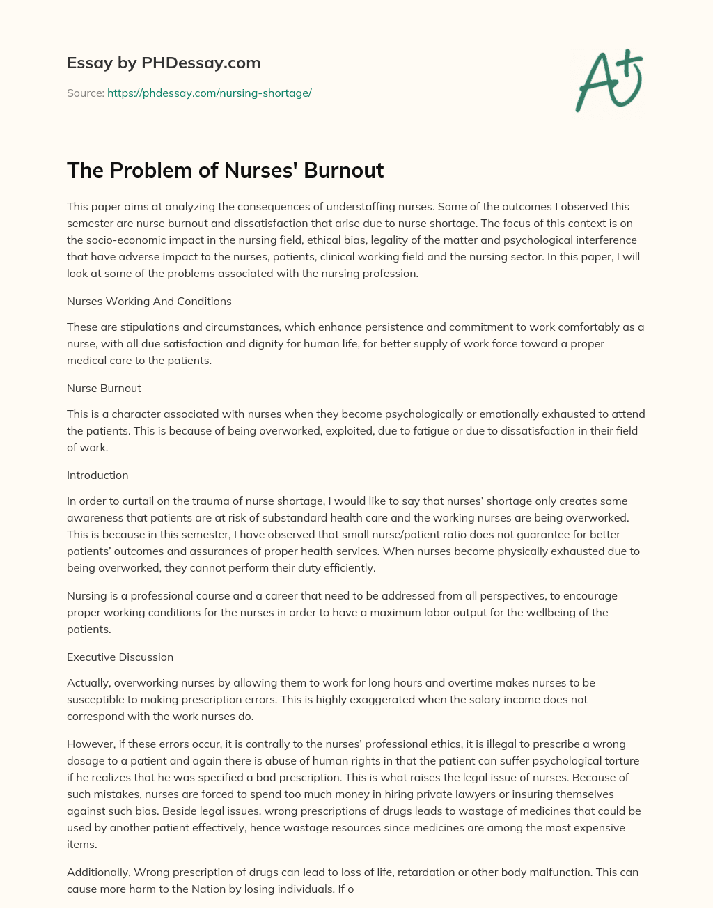 The Problem of Nurses’ Burnout essay