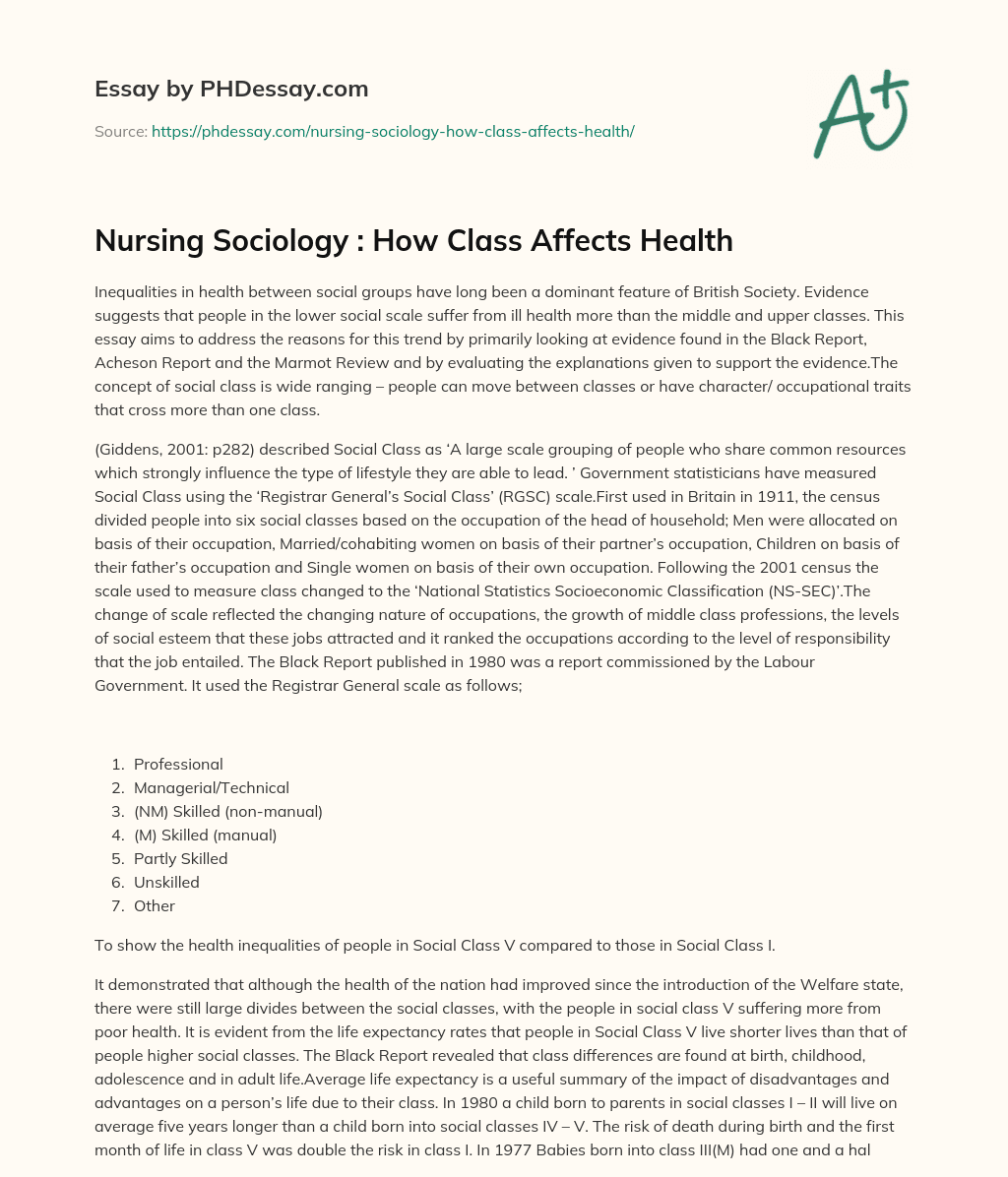 Nursing Sociology : How Class Affects Health essay