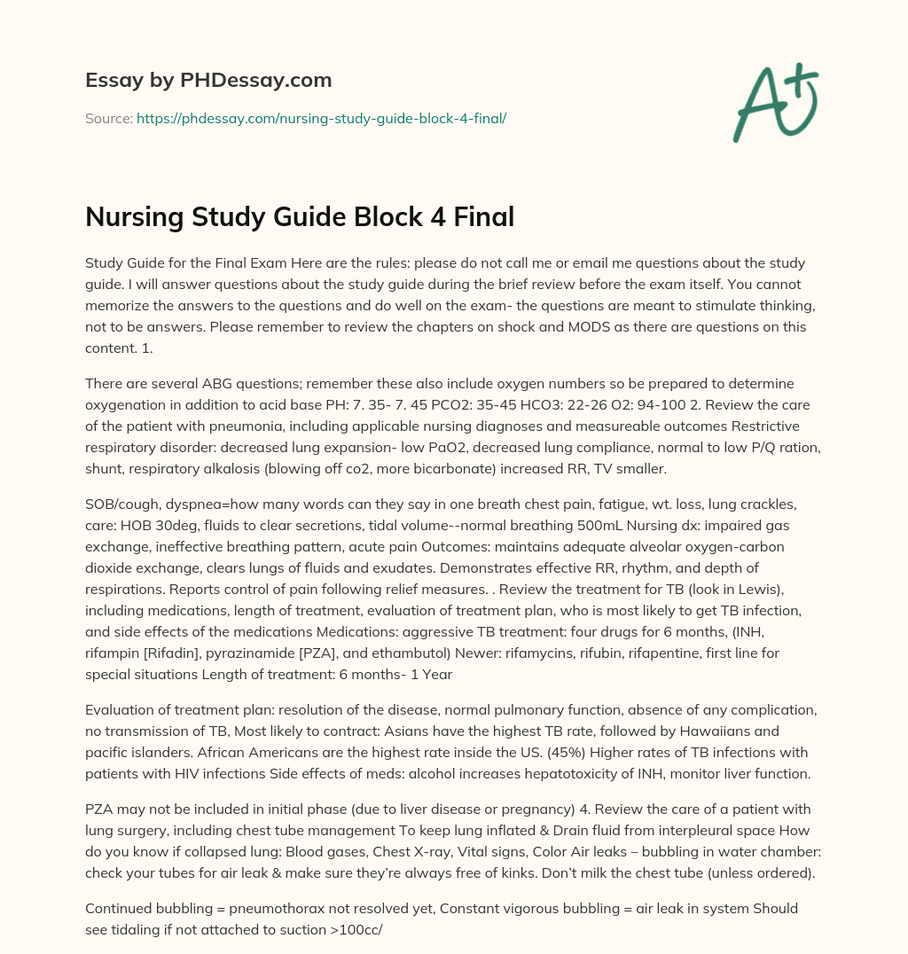 Nursing Study Guide Block 4 Final essay