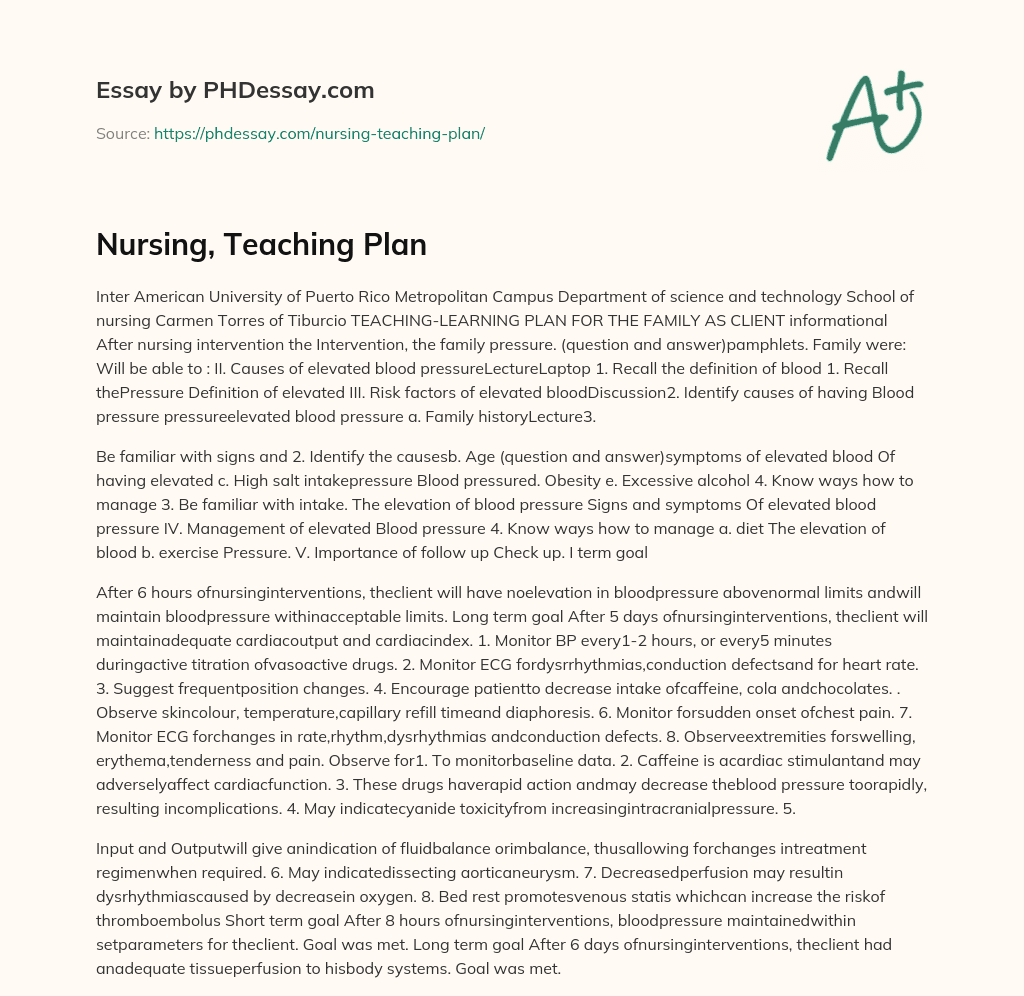 Nursing, Teaching Plan essay