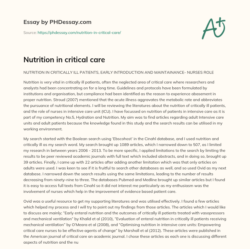 Nutrition in critical care essay