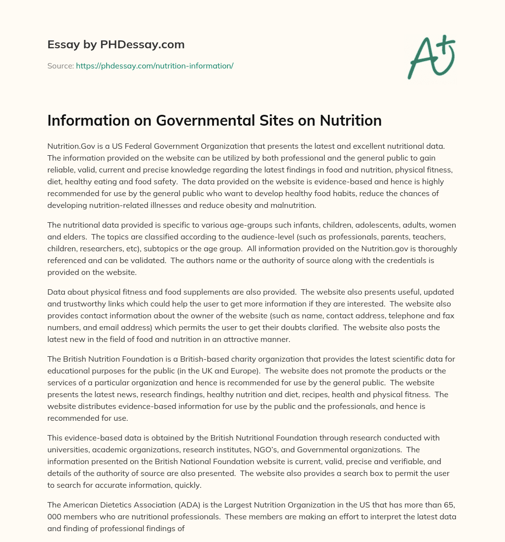 Information on Governmental Sites on Nutrition essay