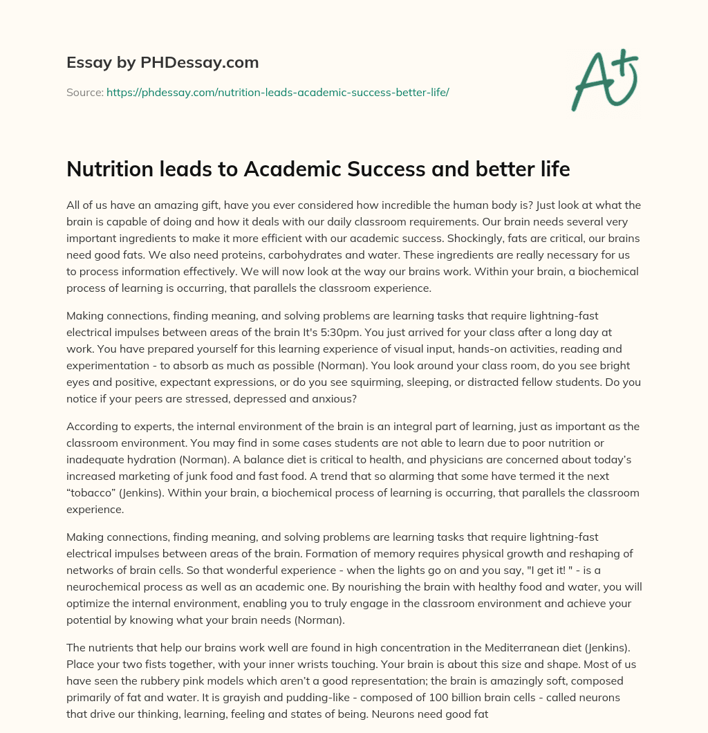 Nutrition leads to Academic Success and better life essay