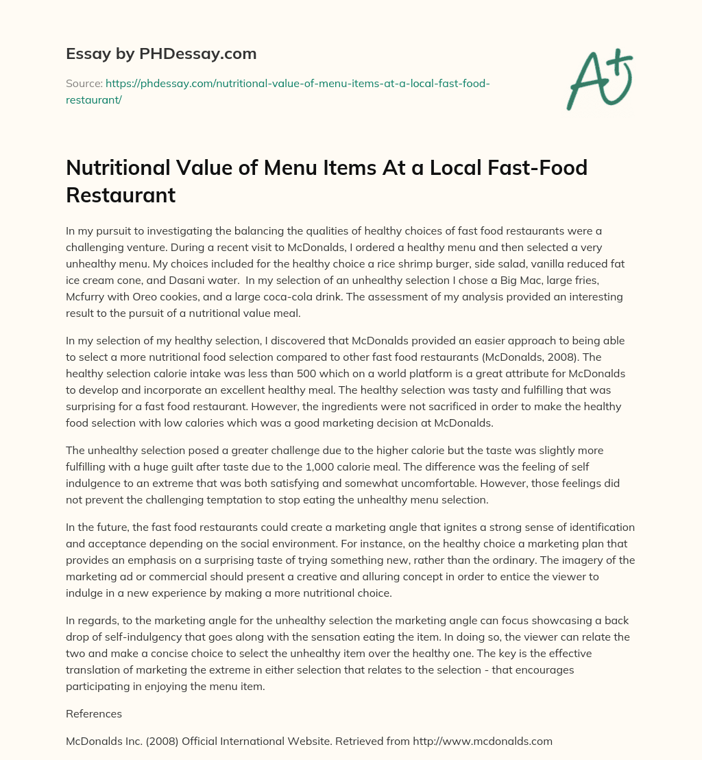 Nutritional Value of Menu Items At a Local Fast-Food Restaurant essay