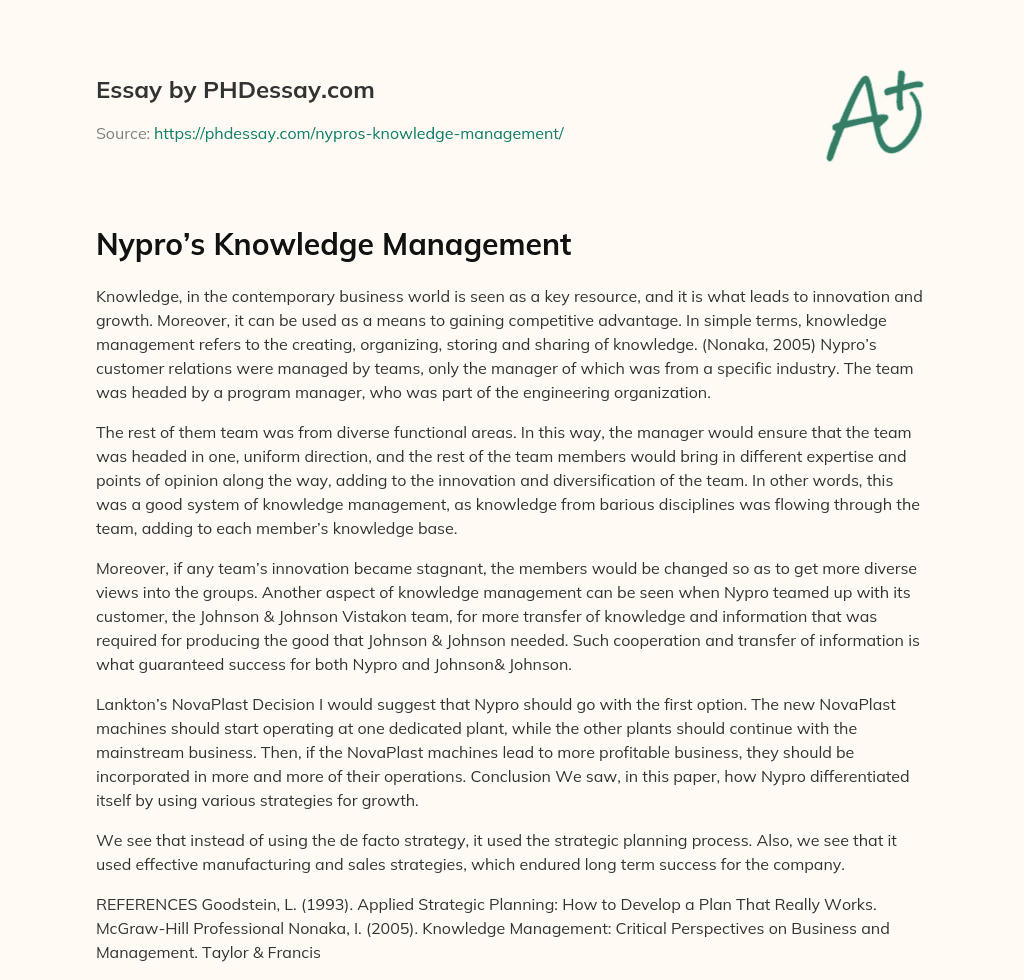 Nypro’s Knowledge Management essay