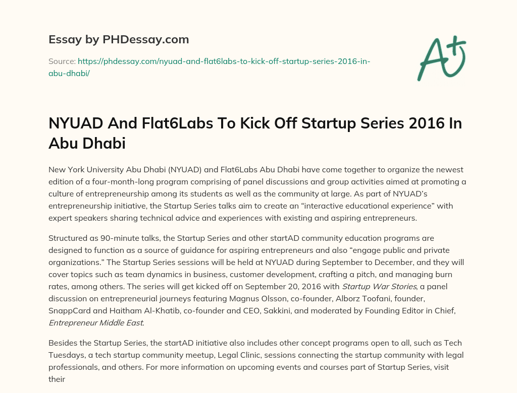 NYUAD And Flat6Labs To Kick Off Startup Series 2016 In Abu Dhabi essay