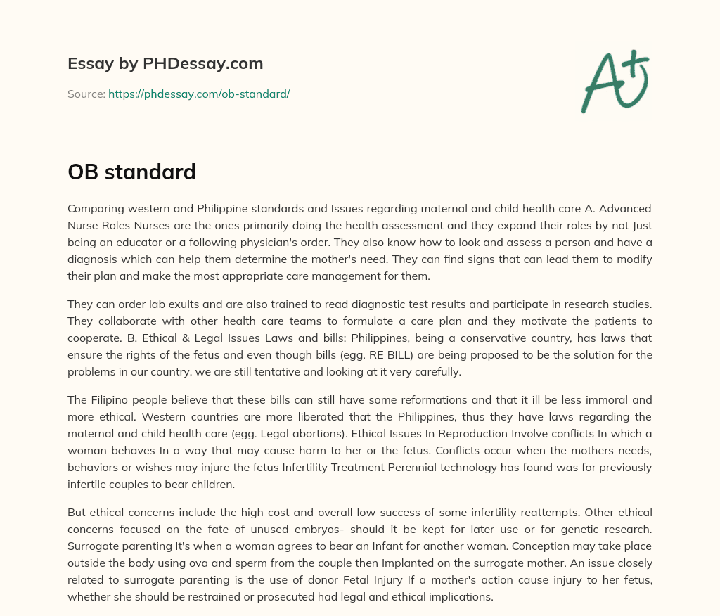 Comparing Nurse Roles and Ethical/Legal Issues in Maternal and Child Health Care in Western and Philippine Standards essay