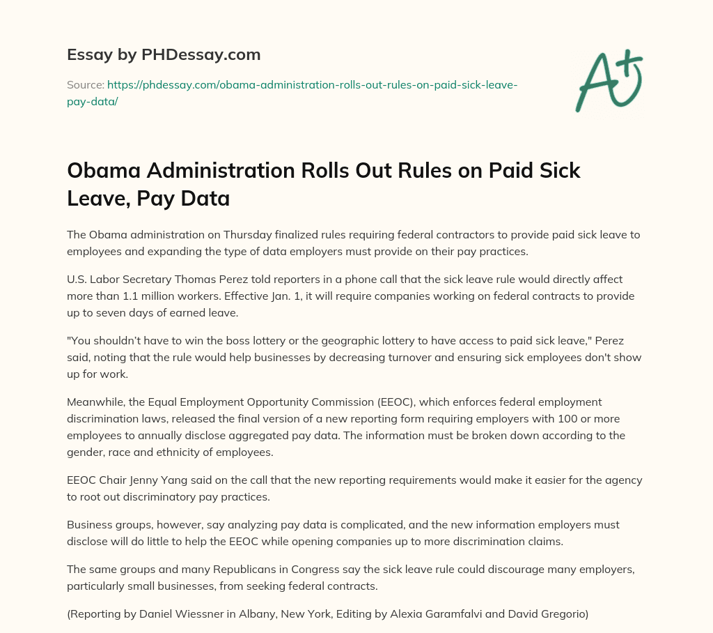 Obama Administration Rolls Out Rules on Paid Sick Leave, Pay Data essay