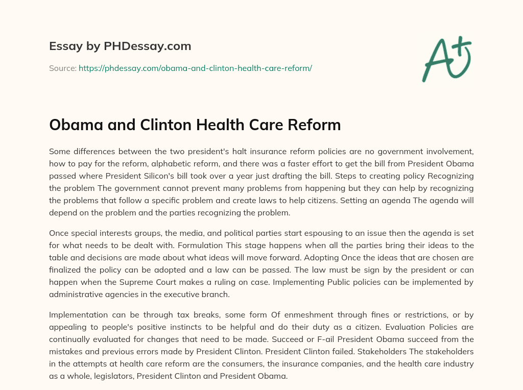Obama and Clinton Health Care Reform essay