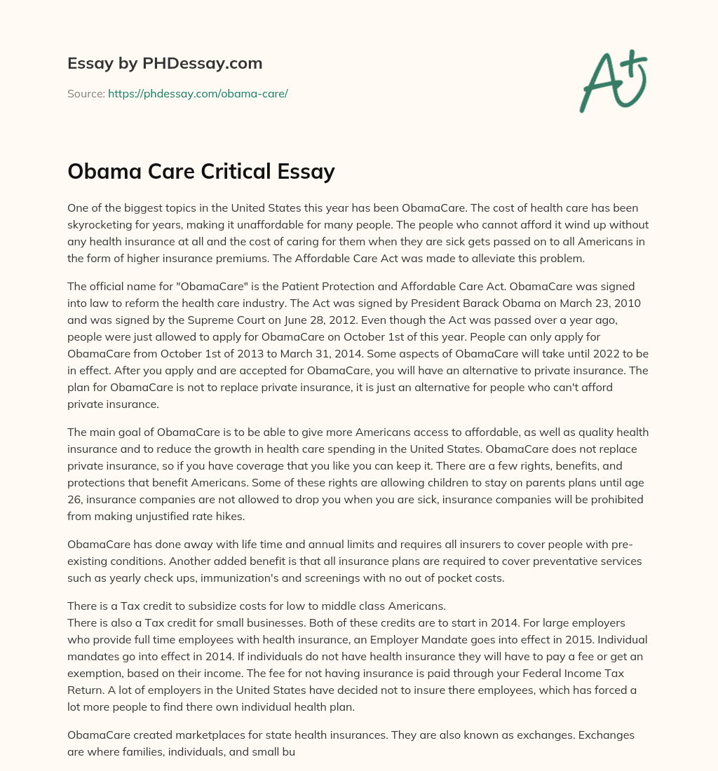 Obama Care Critical Essay essay