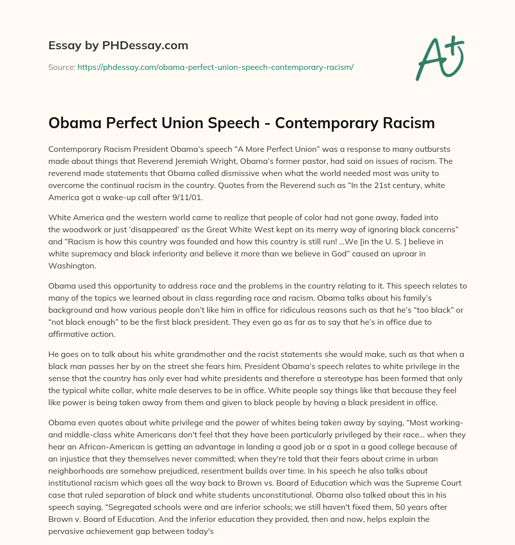 Obama Perfect Union Speech – Contemporary Racism essay